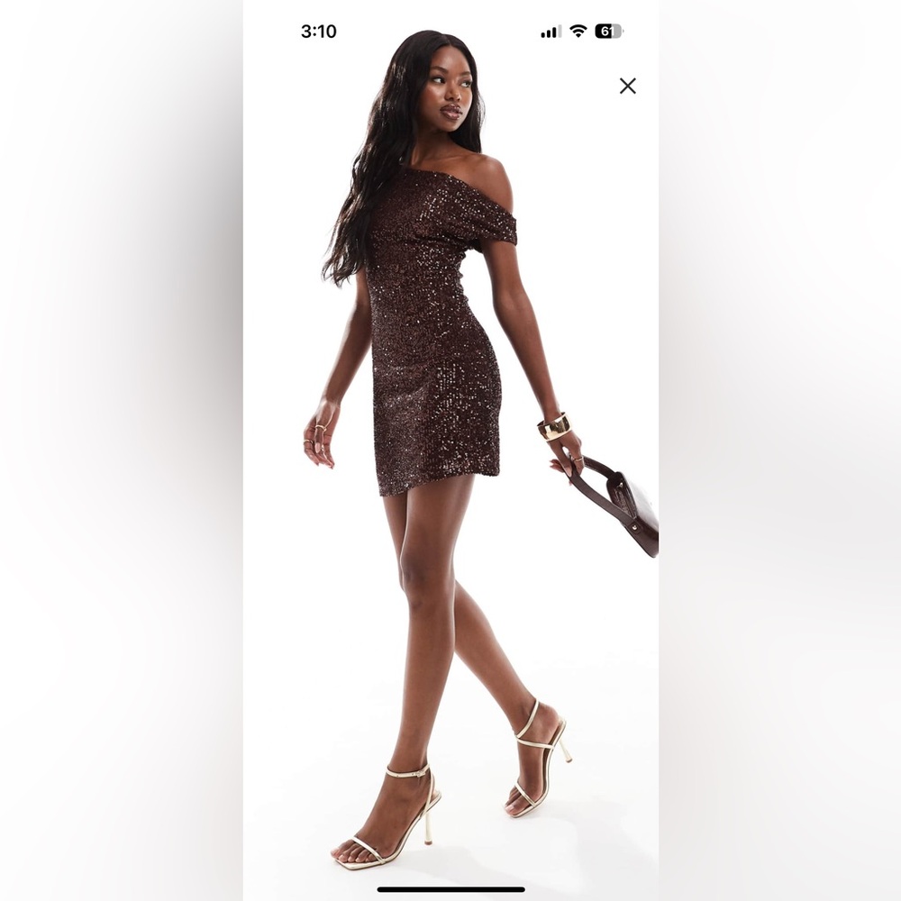 ASOS DESIGN sequin asymmetric off shoulder mini dress in chocolate